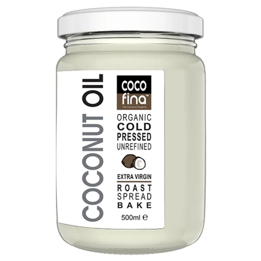 A 500ml jar of Cocofina Organic Cold Pressed Unrefined Coconut Oil with a white lid and product label.