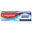 A 100ml box of Colgate Advanced White Toothpaste claims whiter teeth in 14 days, enamel protection, and features micro-cleansing crystals on the packaging.