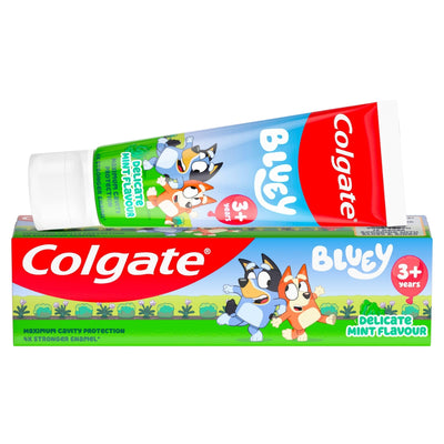 Colgate - Bluey Delicate Mint Flavour Toothpaste for Kids (3+ years) - 50ml tube and its matching box, featuring Bluey characters and containing calcium carbonate and hydrated silica.