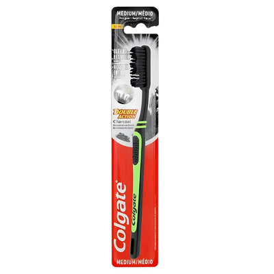 The Colgate Double Action Charcoal Medium Toothbrush (1pc) features a black and green handle and is designed by Colgate for effective teeth whitening.