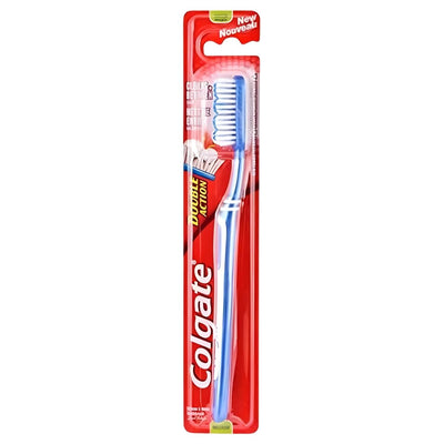 Colgate - Double Action Medium Toothbrush (1pc) features dual-action bristles and comes in red with clear plastic packaging, displaying Colgate branding and labeling.