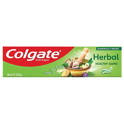 Colgate Herbal Fluoride Toothpaste 100ml features images of ginger, eucalyptus, and tea tree on the box. Packaging highlights "Healthy Gums" and "Scientifically Proven" benefits for this Colgate fluoride toothpaste.