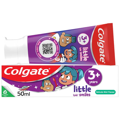 Colgate - Little Smiles Delicate Mint Flavour Toothpaste for Kids (3+ years) - 50ml tube and box with purple space-themed graphics, cartoon children, and text indicating age 3+ and delicate mint flavour.