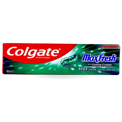 Colgate MaxFresh Clean Mint 100ml toothpaste box highlights "Cooling Crystals," "10x Longer Lasting Cooling," and "Clean Mint" for fresh breath, all displayed on the packaging.
