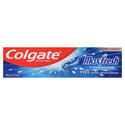 The Colgate Max Fresh Cool Mint Toothpaste 100ml box features "XTRA FRESH," cooling crystals imagery, and claims to provide 10x longer-lasting cooling with added cavity protection.