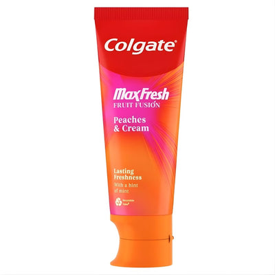 A 75ml tube of Colgate MaxFresh Fruit Fusion Peaches & Cream Toothpaste, in red and orange packaging, features "Lasting Freshness With a hint of mint," highlighting this unique peach mint flavor from Colgate.
