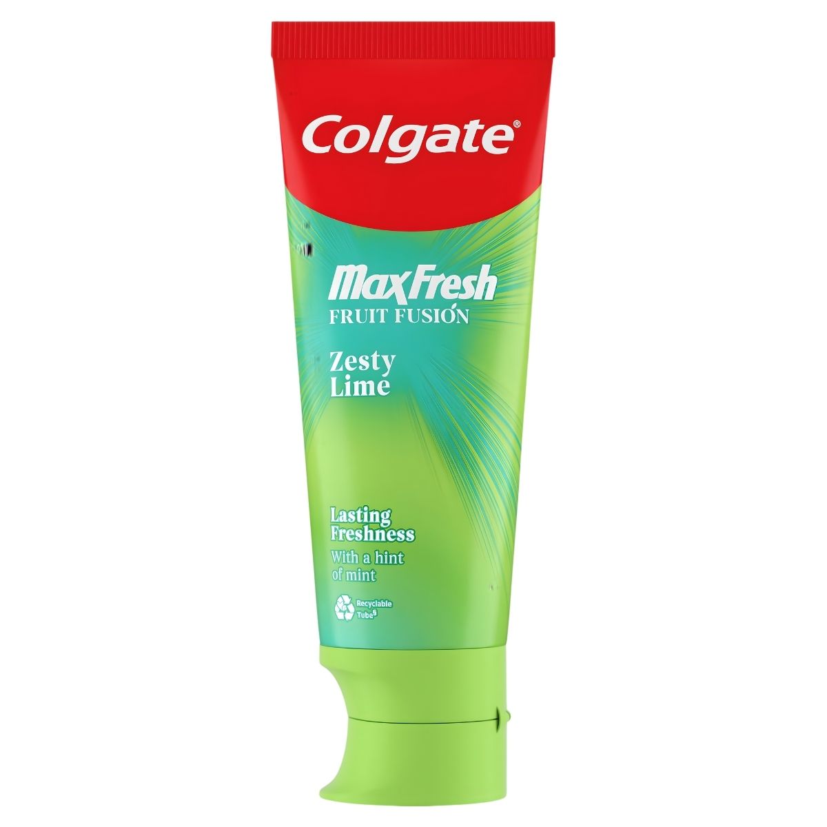 A 75ml tube of Colgate MaxFresh Fruit Fusion Zesty Lime Toothpaste stands upright, featuring Colgate branding and a vibrant green-and-red design with the cap on the bottom.