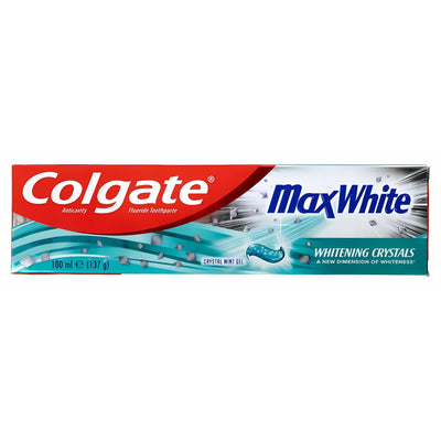 Colgate Max White Crystal Mint Gel is a 100ml anticavity fluoride toothpaste with whitening crystals in a mint gel, featuring a red and blue design.