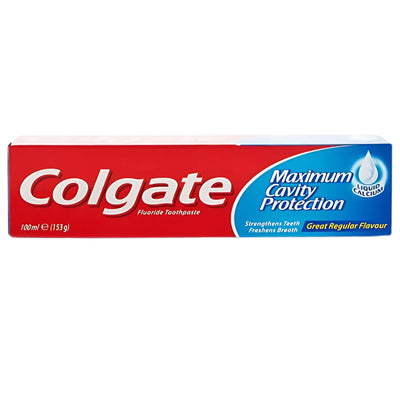 Colgate Maximum Cavity Protection Toothpaste, 100ml, features enamel strengthening with "Maximum Cavity Protection" and "Great Regular Flavour" on its red, white, and blue packaging.