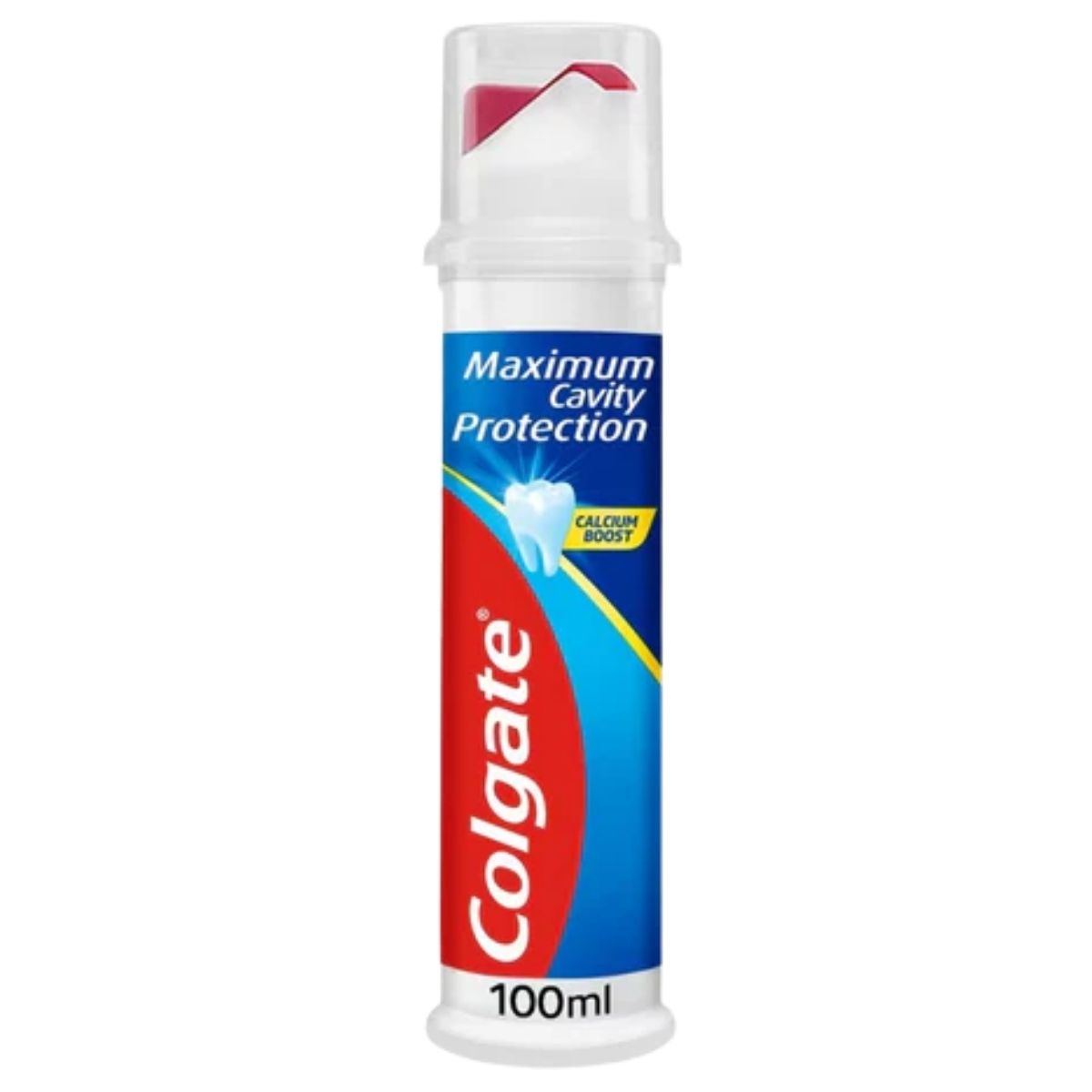 Colgate 100ml toothpaste tube with 'Maximum Cavity Protection' text on a white background