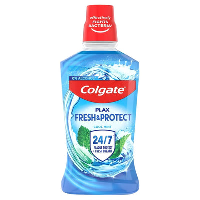 Colgate Plax Cool Mint 250ml mouthwash, alcohol-free, provides 24/7 plaque protection and long-lasting fresh breath.