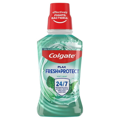 Colgate - Plax Soft Mint 250ml mouthwash offers 0% alcohol, 24/7 oral protection, and features a red cap labeled "effectively fights bacteria.