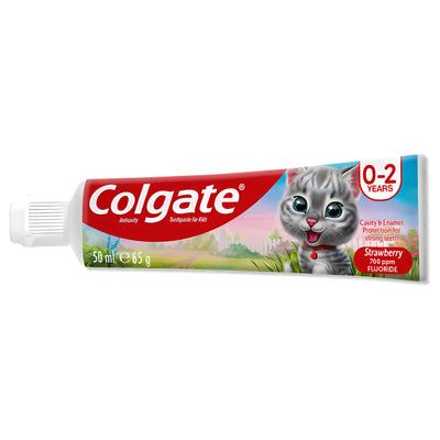 Colgate - Strawberry Flavour Toothpaste for Kids (0-2 years), 50ml, features a sweet strawberry taste and cute kitten packaging—an ideal baby toothpaste for little ones.