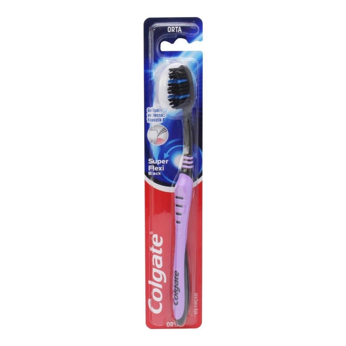 A purple and black Colgate - Super Flexi toothbrush in a package.