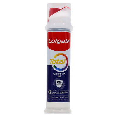 Colgate - Total Whitening Toothpaste Pump - 100ml offers 24-hour antibacterial protection and effective whitening in a convenient white and red pump bottle for a brighter, healthier smile.