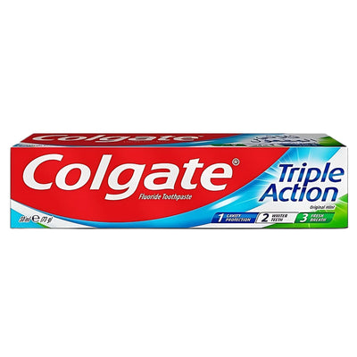 Colgate Triple Action Fluoride Toothpaste (100ml) offers cavity protection, whiter teeth, and fresh breath in original mint flavor.
