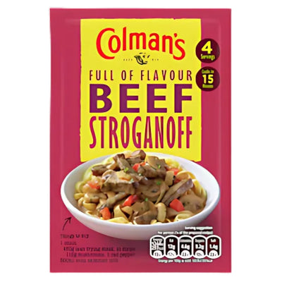 Colman's Beef Stroganoff Mix - 40g serves 4 and cooks in just 15 minutes, delivering a creamy stroganoff packed with beef and vegetables—perfect for quick, flavourful meals.