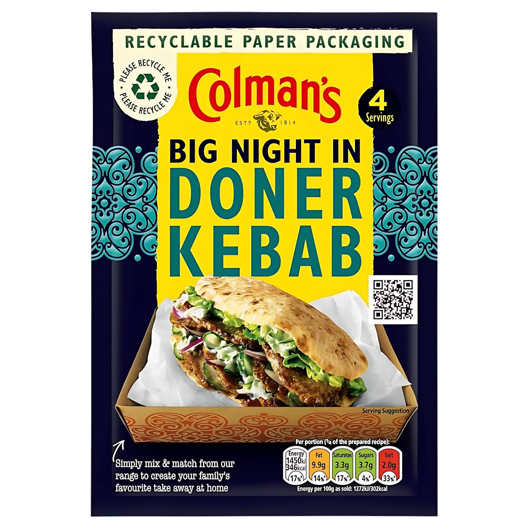 Colman's Big Night In Recipe Mix Doner Kebab 38g comes in recyclable packaging with a doner kebab-in-pita photo and serving details. Enjoy this easy-to-use mix for homemade, takeaway-style kebabs at home.