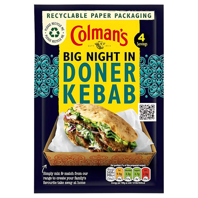 Colman's Big Night In Recipe Mix Doner Kebab 38g comes in recyclable packaging with a doner kebab-in-pita photo and serving details. Enjoy this easy-to-use mix for homemade, takeaway-style kebabs at home.