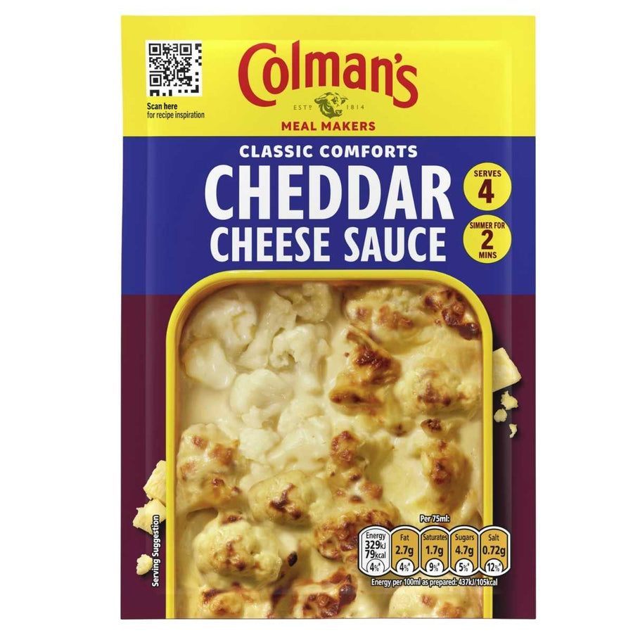 Colman's Cheddar Cheese Sauce Mix (40g) serves 4 and is ready in 2 minutes, making it easy to enjoy creamy, delicious cheese sauce over your favorite meals.