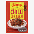 Colman's Chilli Con Carne 50g mix features an enticing chili-on-rice image. It lists cooking time, serving size, and ingredients like minced beef, onions, tomatoes, and beans. Enhanced with paprika and flavorings for a perfect taste!.