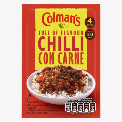 Colman's Chilli Con Carne 50g mix features an enticing chili-on-rice image. It lists cooking time, serving size, and ingredients like minced beef, onions, tomatoes, and beans. Enhanced with paprika and flavorings for a perfect taste!.