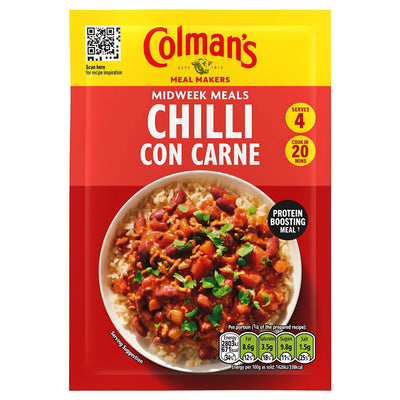 Colman's Chilli Con Carne Recipe Mix 50g features a spicy seasoning for chilli con carne over rice. The pack serves 4, cooks in 20 minutes, and offers a protein-boosting meal suggestion.