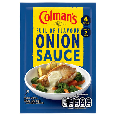 Colman's Onion Sauce 35g features a classic tangy onion flavour, ideal for meals with chicken, broccoli, carrots, and potatoes. Clear instructions and nutritional info are provided on the packet.