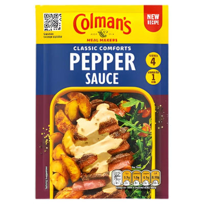 A packet of Colmans Pepper Sauce (22g), a classic British condiment, with steak, potatoes, and greens pictured on the front. Serves 4. New recipe.