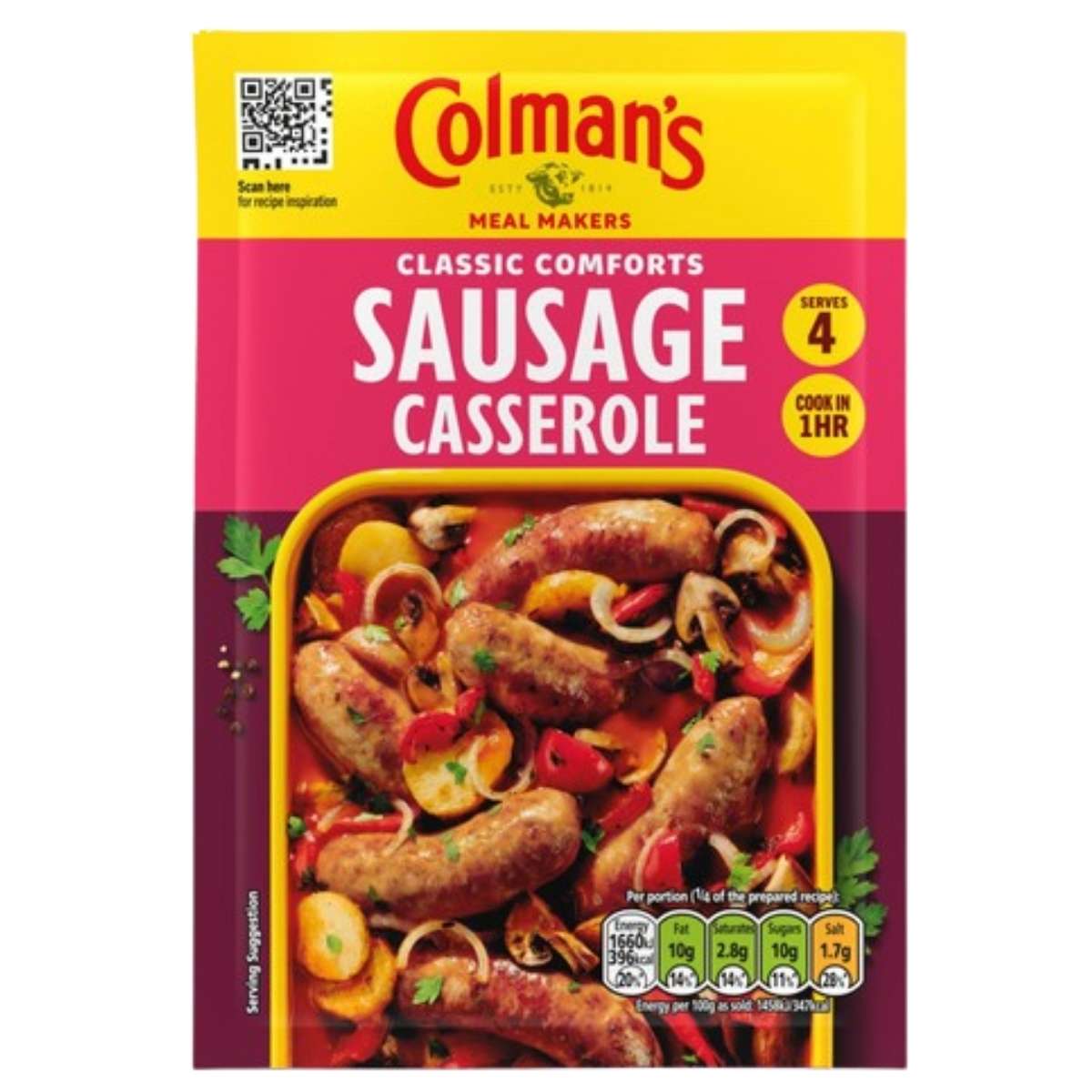 Front of a Colman's Sausage Casserole Recipe Mix - 39g packet, featuring cooked sausage casserole with vegetables and product details—ideal for preparing a hearty homemade dinner.