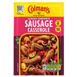 Front of a Colman's Sausage Casserole Recipe Mix - 39g packet, featuring cooked sausage casserole with vegetables and product details—ideal for preparing a hearty homemade dinner.