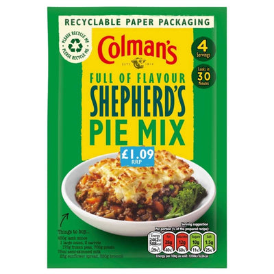 Front of Colman's Shepherd's Pie Mix 50g packet with Colman's branding, seasoning mix info, required ingredients, cooking time, nutrition details, and price displayed on a green background.