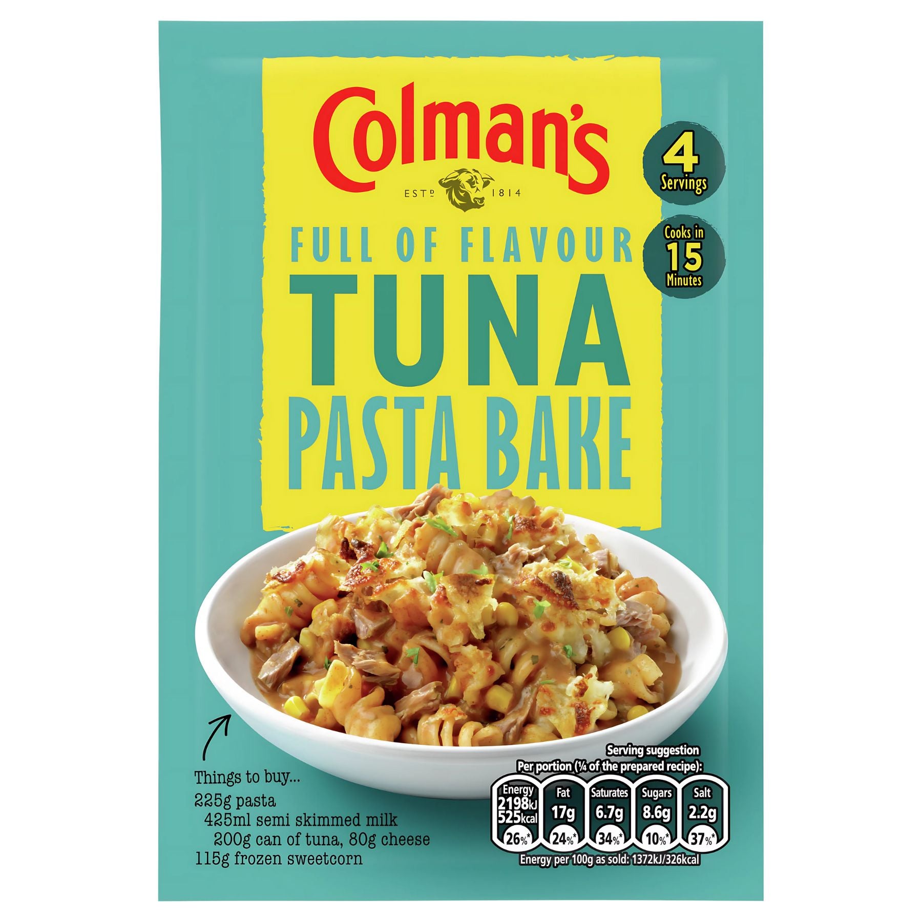 Colman's - Tuna Pasta Bake Mix - 44g packet displays a creamy tuna pasta bake photo and an ingredient shopping list, all set against a bright turquoise background.