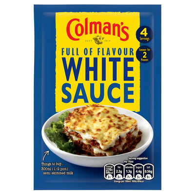 Colman's White Sauce 40g features a lasagna serving suggestion and nutritional info on the front. Ideal for making a creamy sauce to enhance your favorite dishes.
