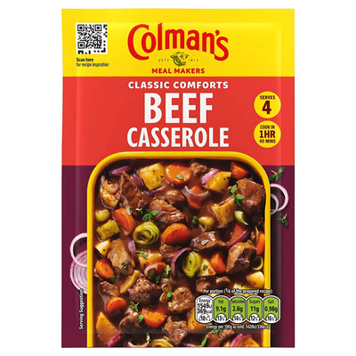 Colman's Beef Casserole Recipe Mix 40g features a serving suggestion with diced beef, carrots, potatoes, and peas. Just add beef and veggies—serves 4 and cooks in 1 hour 45 mins for a hearty casserole.