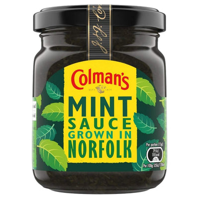Colmans - Mint Sauce - 165g: A classic condiment for lamb, featuring a green label with "Mint Sauce Grown in Norfolk" and leaf illustrations. Adds fresh flavor to your dishes. From the brand Colmans.