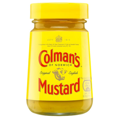 Colmans Mustard 100g comes in a glass jar with a yellow lid and label, featuring the iconic bull's head logo. Enjoy the bold, spicy mustard flavor that has made Colmans a classic favorite.