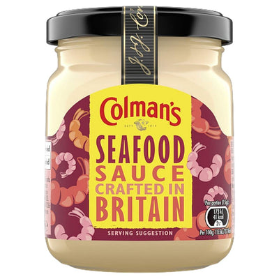 Colmans Seafood Sauce - 155ml, in a yellow and red jar labeled "Seafood Sauce Crafted in Britain" with shrimp images—ideal for enjoying with your favorite seafood dishes.