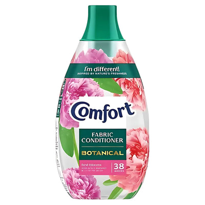 Experience long-lasting botanical fragrance with Comfort - Botanical First Blooms Fabric Conditioner, 570ml (38 washes), featuring a floral design and green cap.