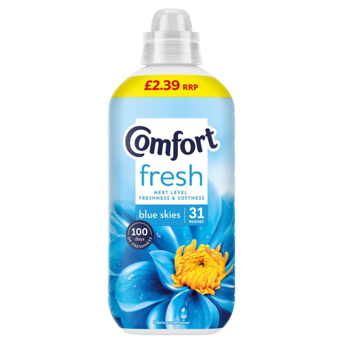 Comfort Fresh blue skies fabric softener in a 930ml plastic bottle with a clear cap, featuring a blue flower design and a yellow accent band with the price.