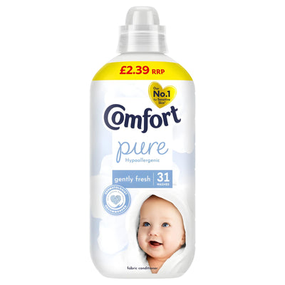 A 930 ml bottle of Comfort - Fabric Conditioner Pure 31 Wash is specially formulated for sensitive skin and hypoallergenic, providing gentle freshness for up to 31 washes. Featuring the Comfort brand’s signature baby image on the front and a £2.39 price label on the cap, it’s an ideal choice for delicate laundry care.