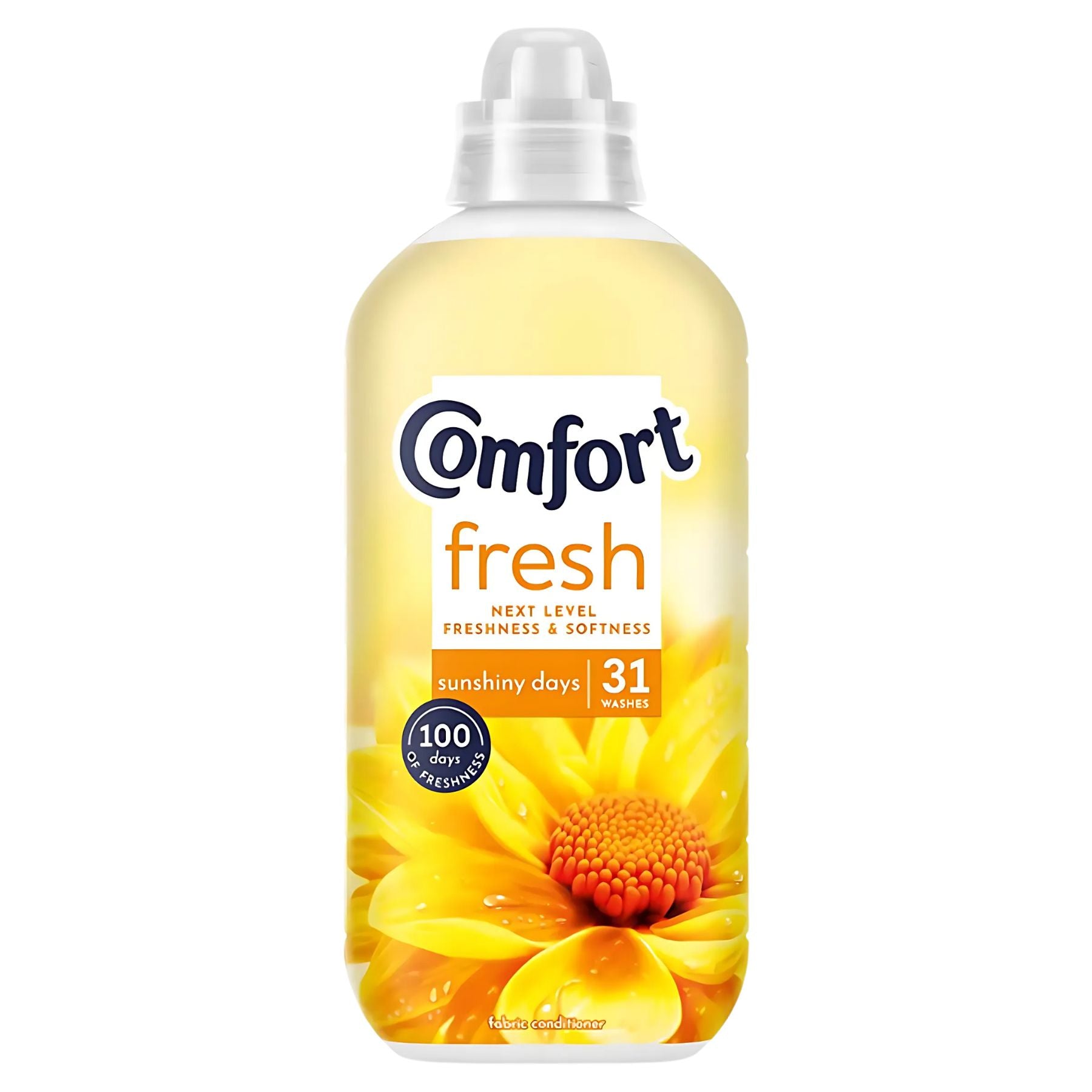 Comfort Fabric Conditioner Sunshine, 930ml, offers 31 washes and up to 100 days of motion-activated fragrance for lasting freshness.