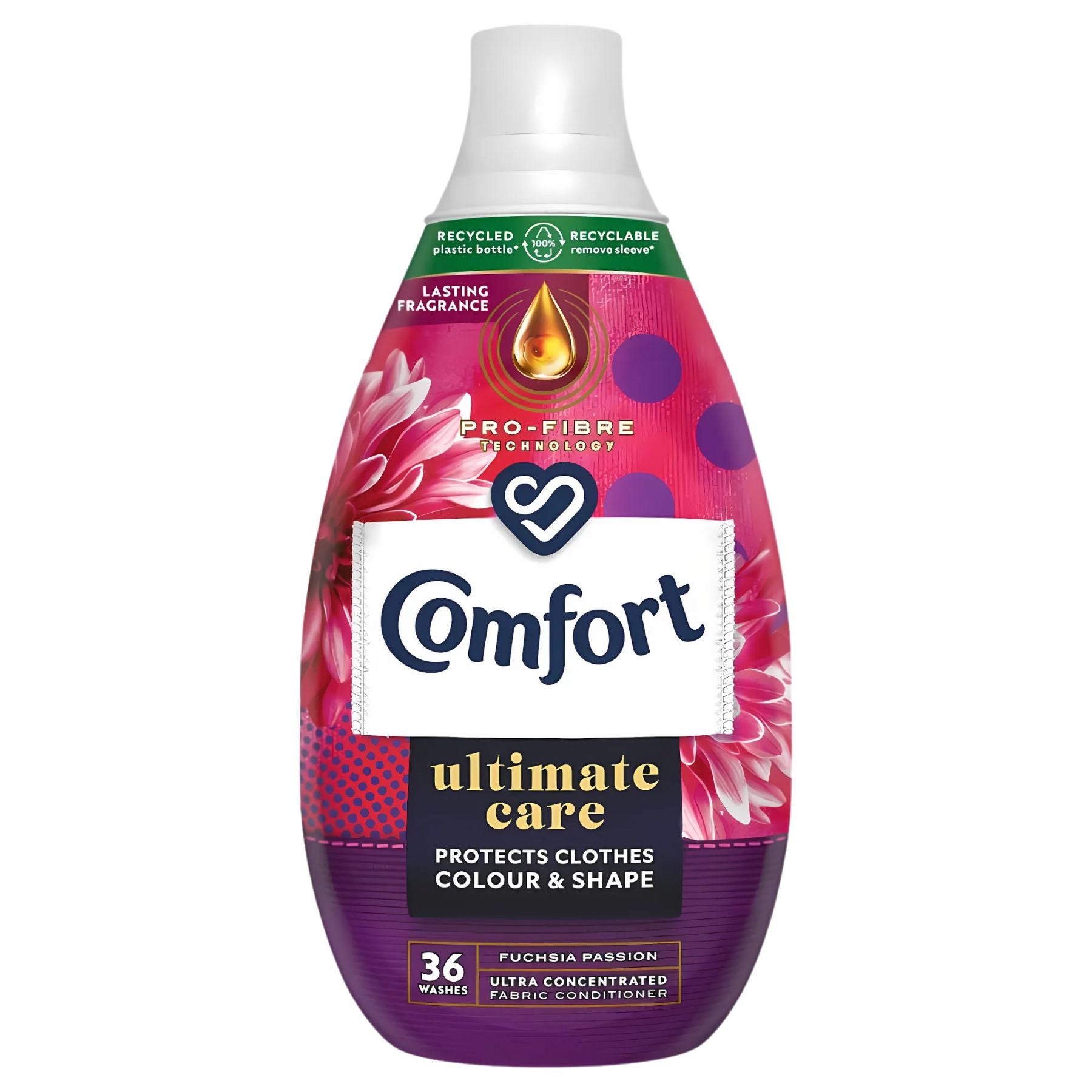 Comfort Ultra-Concentrated Fabric Conditioner Ultimate Care Fuchsia Passion (540 ml) provides 36 washes, protects color and shape, and comes in stylish pink and purple packaging.