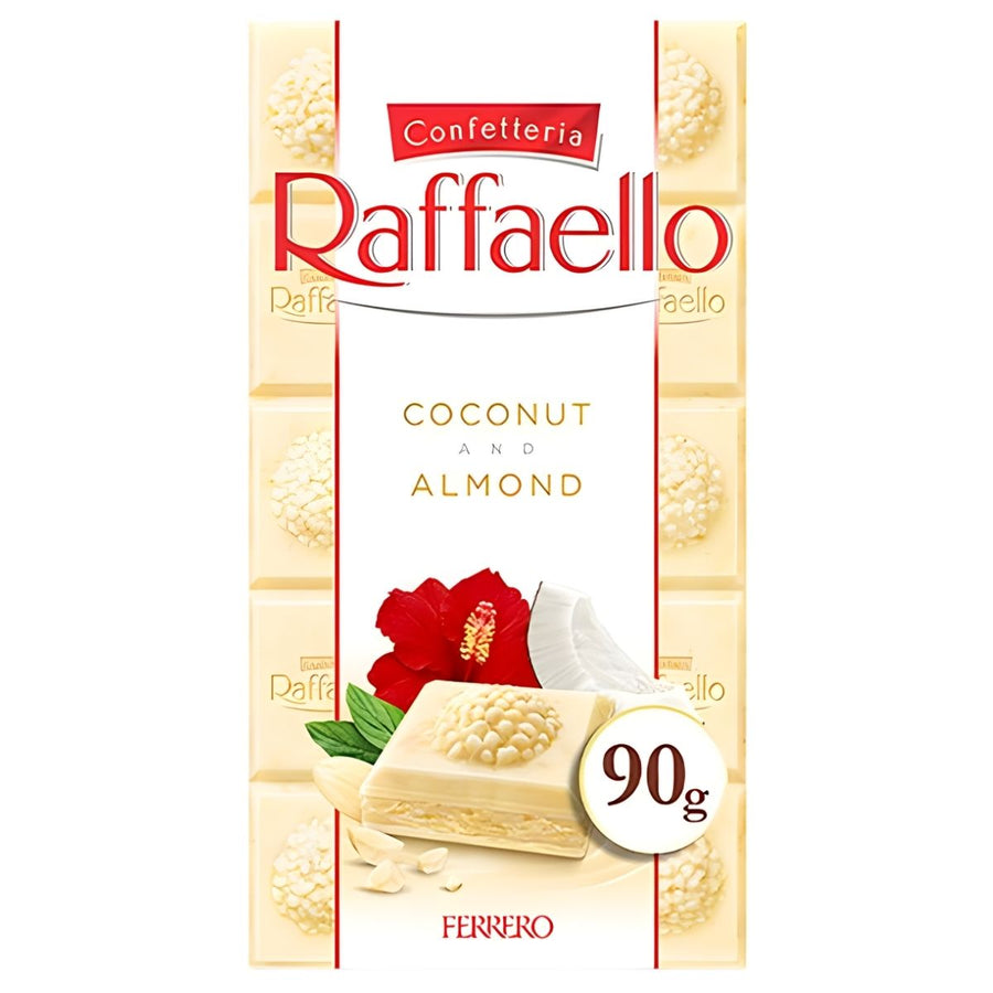 Confetteria Raffaello White Chocolate Bar With Coconut & Almond, 90g, features premium packaging with white chocolate pieces, a red flower, and clear "90g" label.