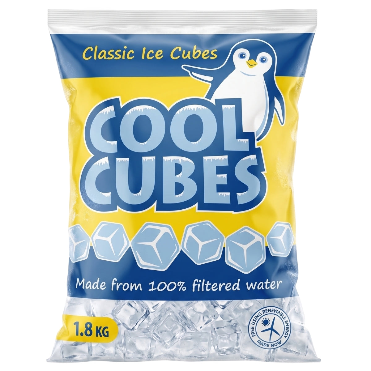 A 1.8 kg bag of Cool Cubes - Classic Ice Cubes from Cool Cubes, featuring a penguin illustration and made from 100% double filtered water.
