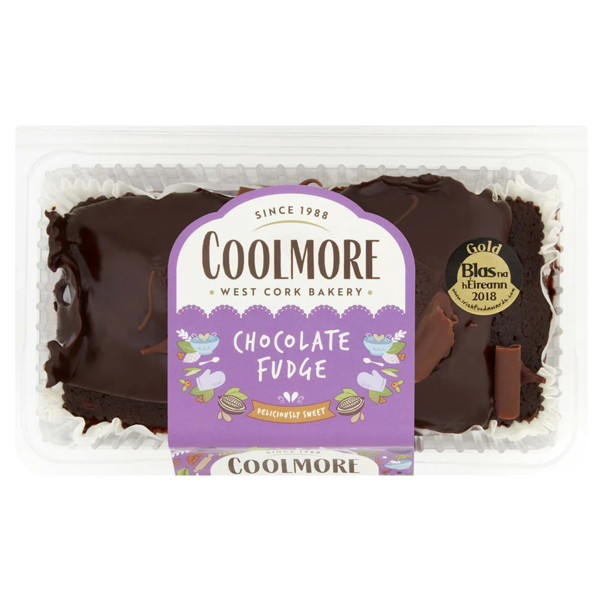 Coolmore Chocolate Fudge Cake in a plastic container.
