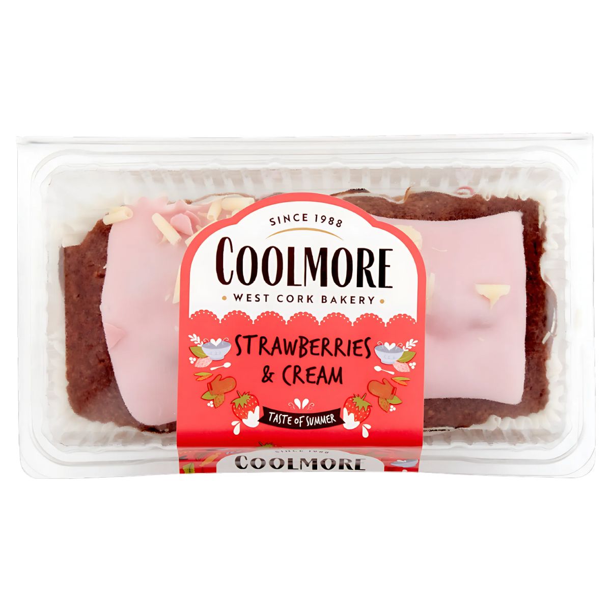 A packaged "Coolmore - Strawberries & Cream Cake - 400g" featuring pink icing, creamy frosting, and a decorative label.