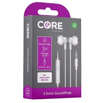 Photo of a box of Core - 3.5mm Sound pods - 1.2m, wired earphones with moulded earbuds, in-line controls for calls and music, and compatibility with devices featuring a 3.5mm audio jack.