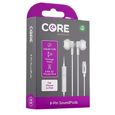 Box of Core - 8-Pin SoundPods headphones for iPhone and iPad, with in-line controls, product image, and stylish purple and gray packaging.