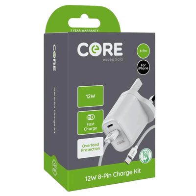 Core - 8 Pin Charging Kit - 12W for iPhone includes a fast-charging, eco-friendly cable with overload protection. The box displays images of the charger and cable on the front.